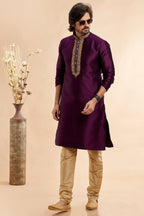 Dark Purple Jacquard Art Silk Plain Kurta Pajama for Men for Festival & Wedding - Embroidery Work