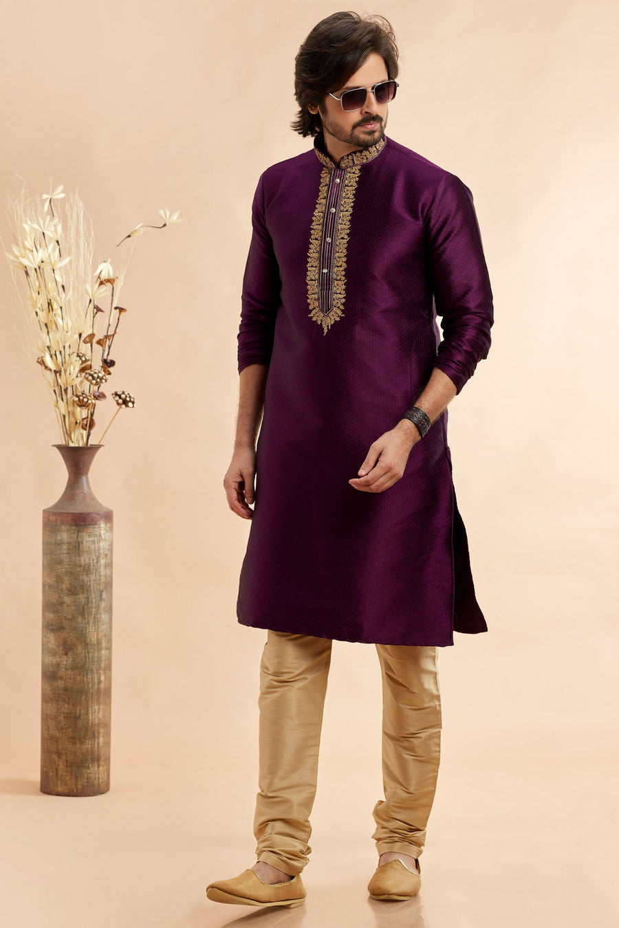 Dark Purple Jacquard Art Silk Plain Kurta Pajama for Men for Festival & Wedding - Embroidery Work