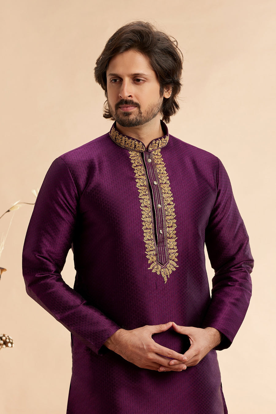 Dark Purple Jacquard Art Silk Plain Kurta Pajama for Men for Festival & Wedding - Embroidery Work