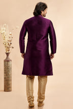 Dark Purple Jacquard Art Silk Plain Kurta Pajama for Men for Festival & Wedding - Embroidery Work
