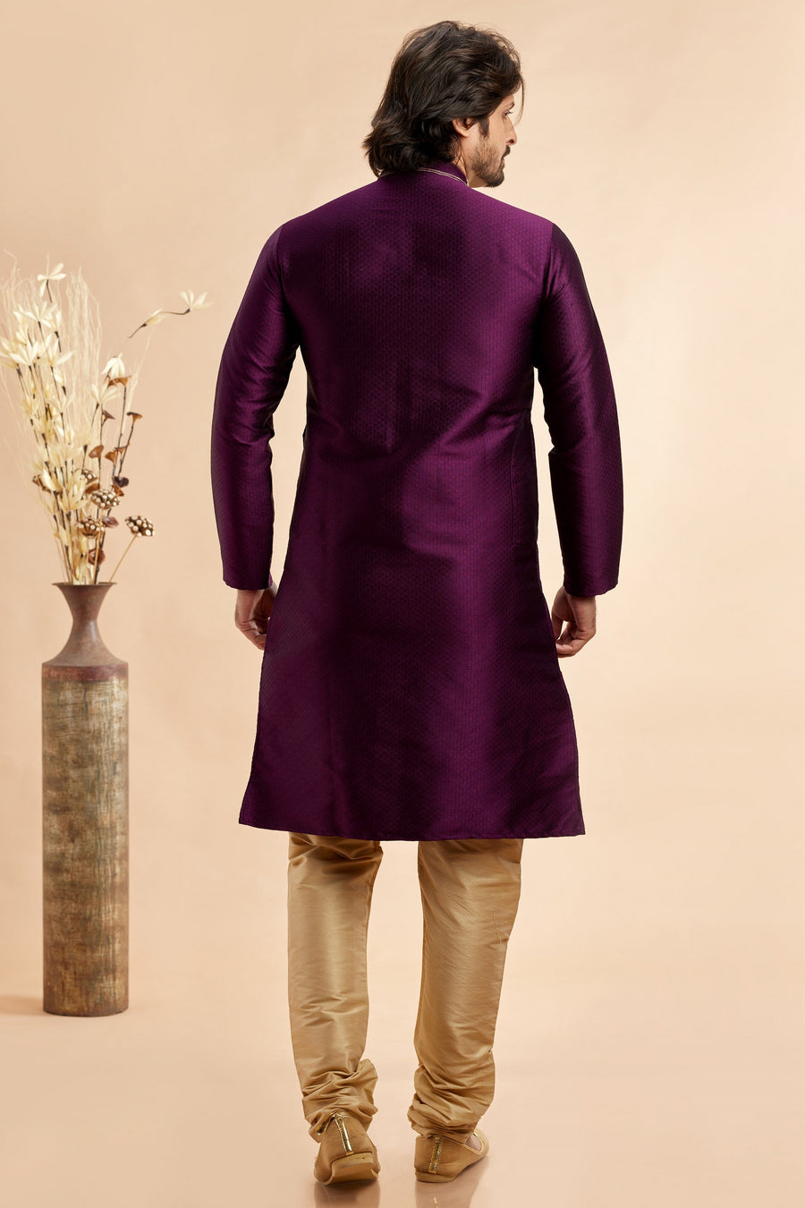 Dark Purple Jacquard Art Silk Plain Kurta Pajama for Men for Festival & Wedding - Embroidery Work