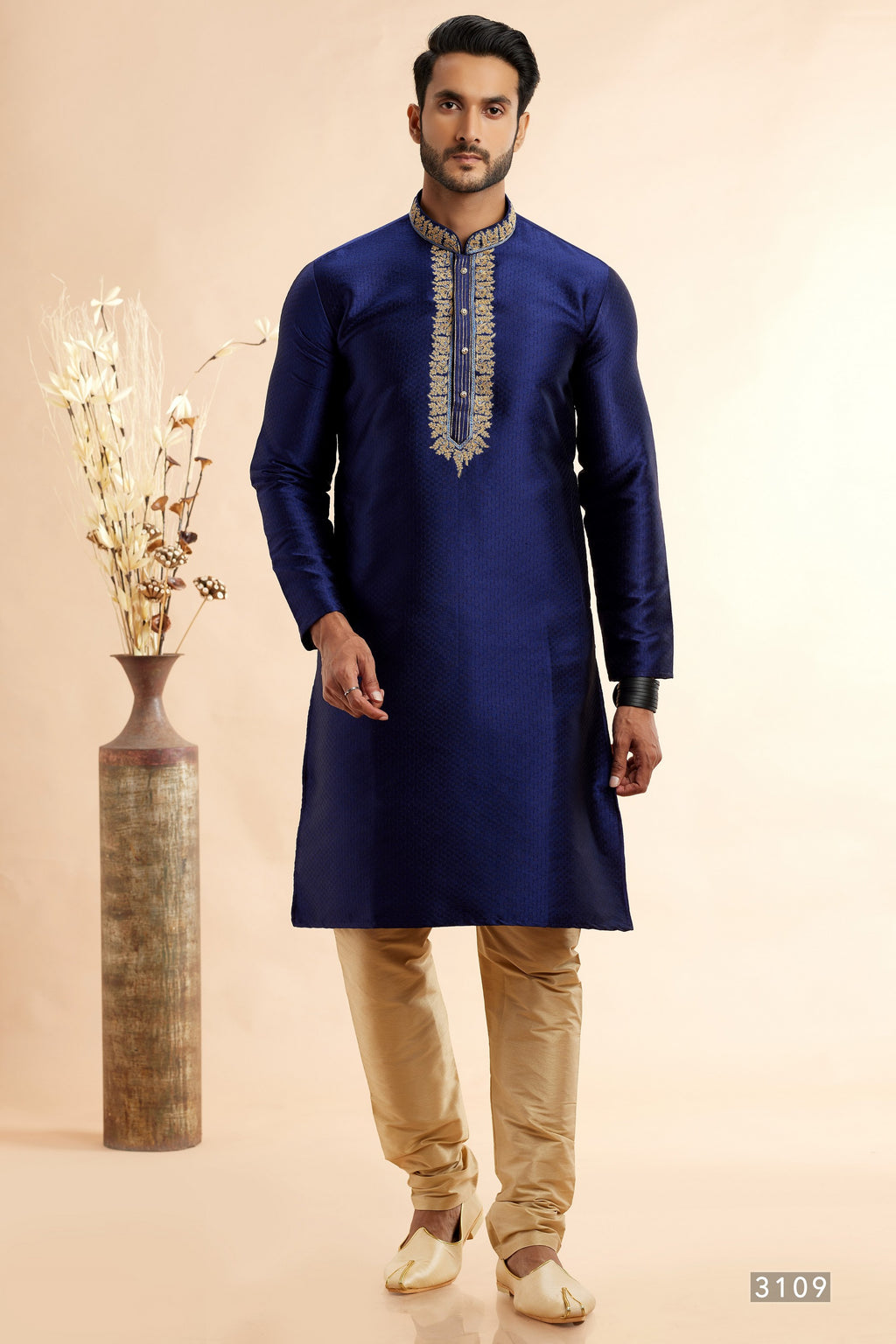 Navy Blue Jacquard Art Silk Plain Kurta Pajama for Men for Festival & Wedding - Embroidery Work