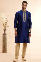 Navy Blue Jacquard Art Silk Plain Kurta Pajama for Men for Festival & Wedding - Embroidery Work
