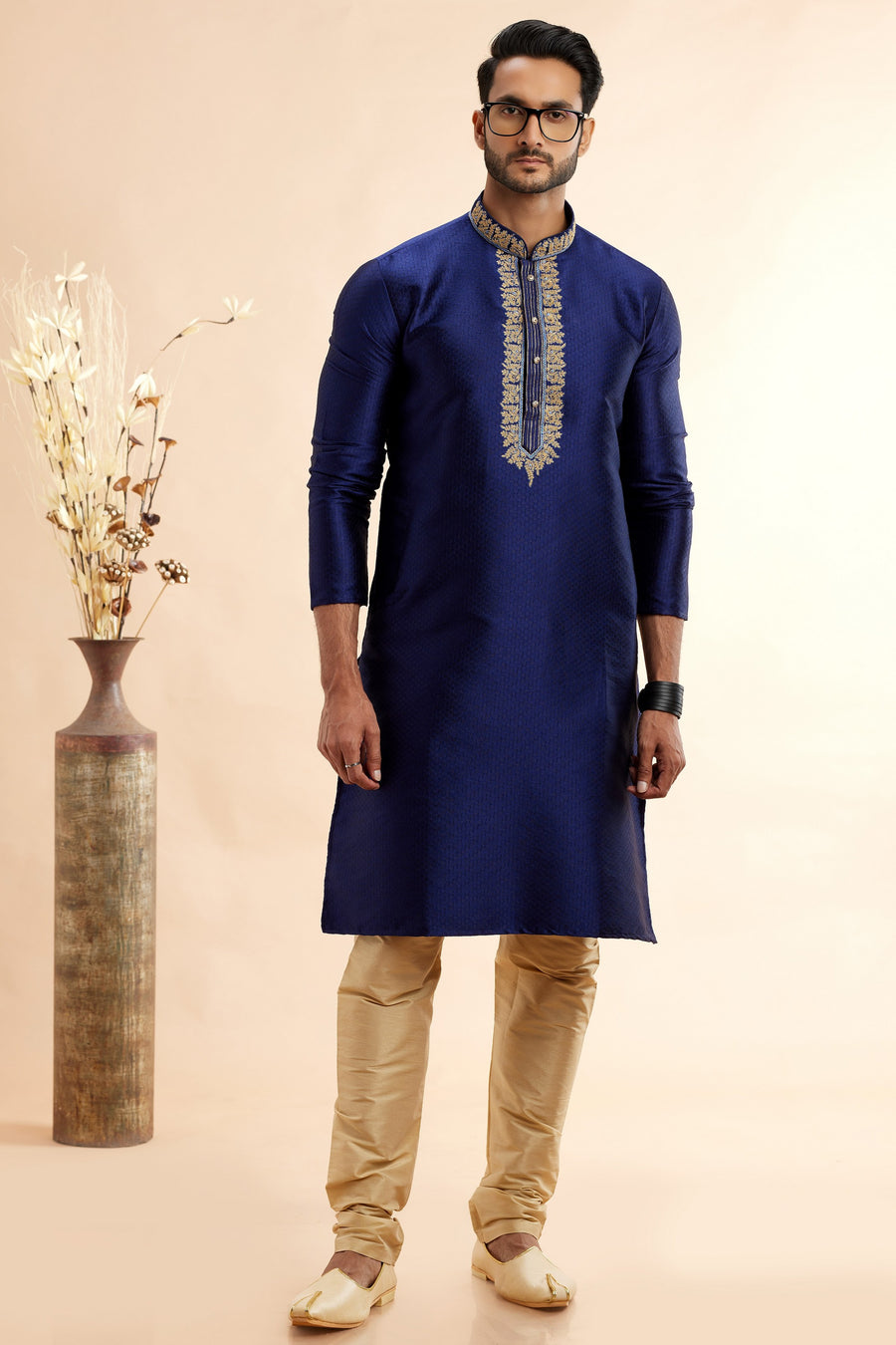 Navy Blue Jacquard Art Silk Plain Kurta Pajama for Men for Festival & Wedding - Embroidery Work