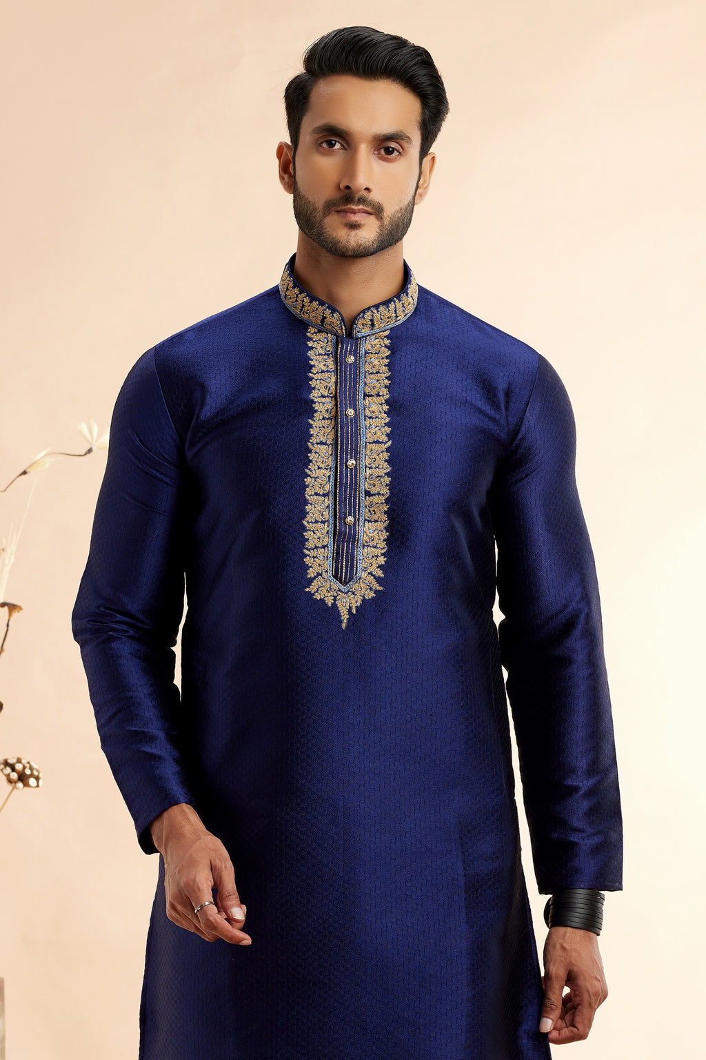 Navy Blue Jacquard Art Silk Plain Kurta Pajama for Men for Festival & Wedding - Embroidery Work