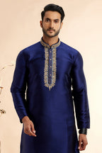 Navy Blue Jacquard Art Silk Plain Kurta Pajama for Men for Festival & Wedding - Embroidery Work