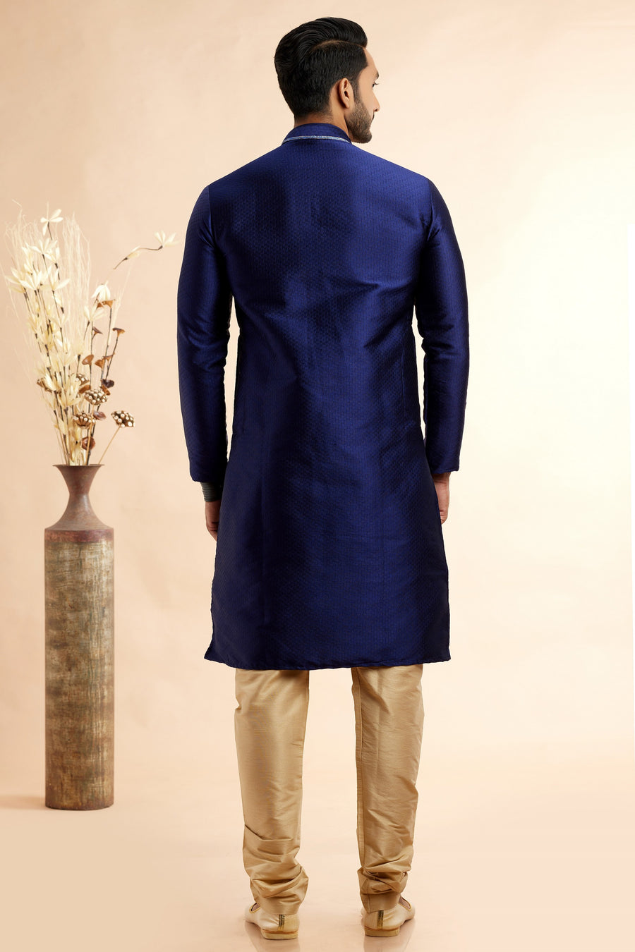Navy Blue Jacquard Art Silk Plain Kurta Pajama for Men for Festival & Wedding - Embroidery Work