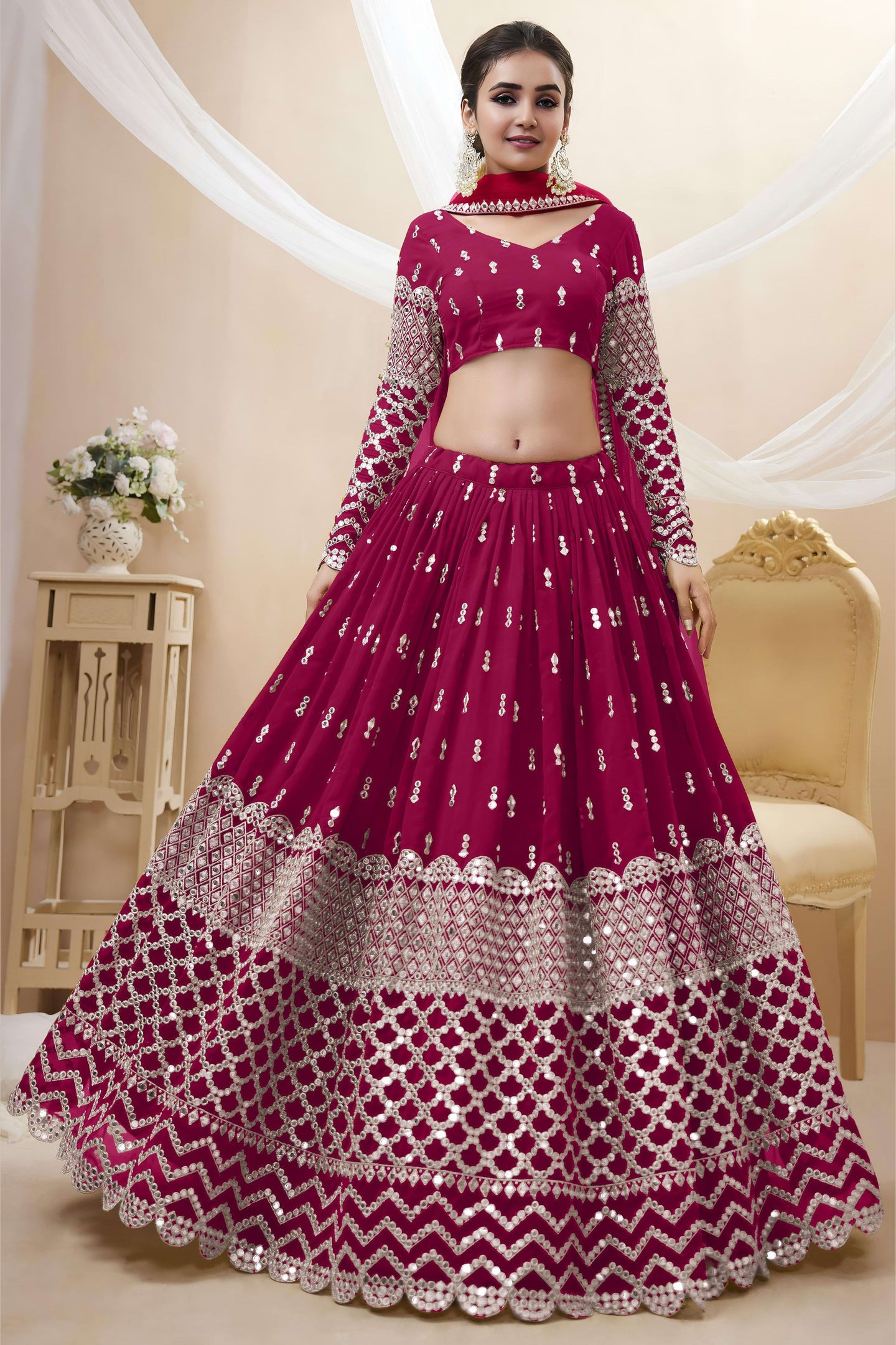 Hot Pink Georgette Lehenga Choli For Indian & Pakistani Wedding Festival - Sequins & Thread Embroidery Work, Zari Work