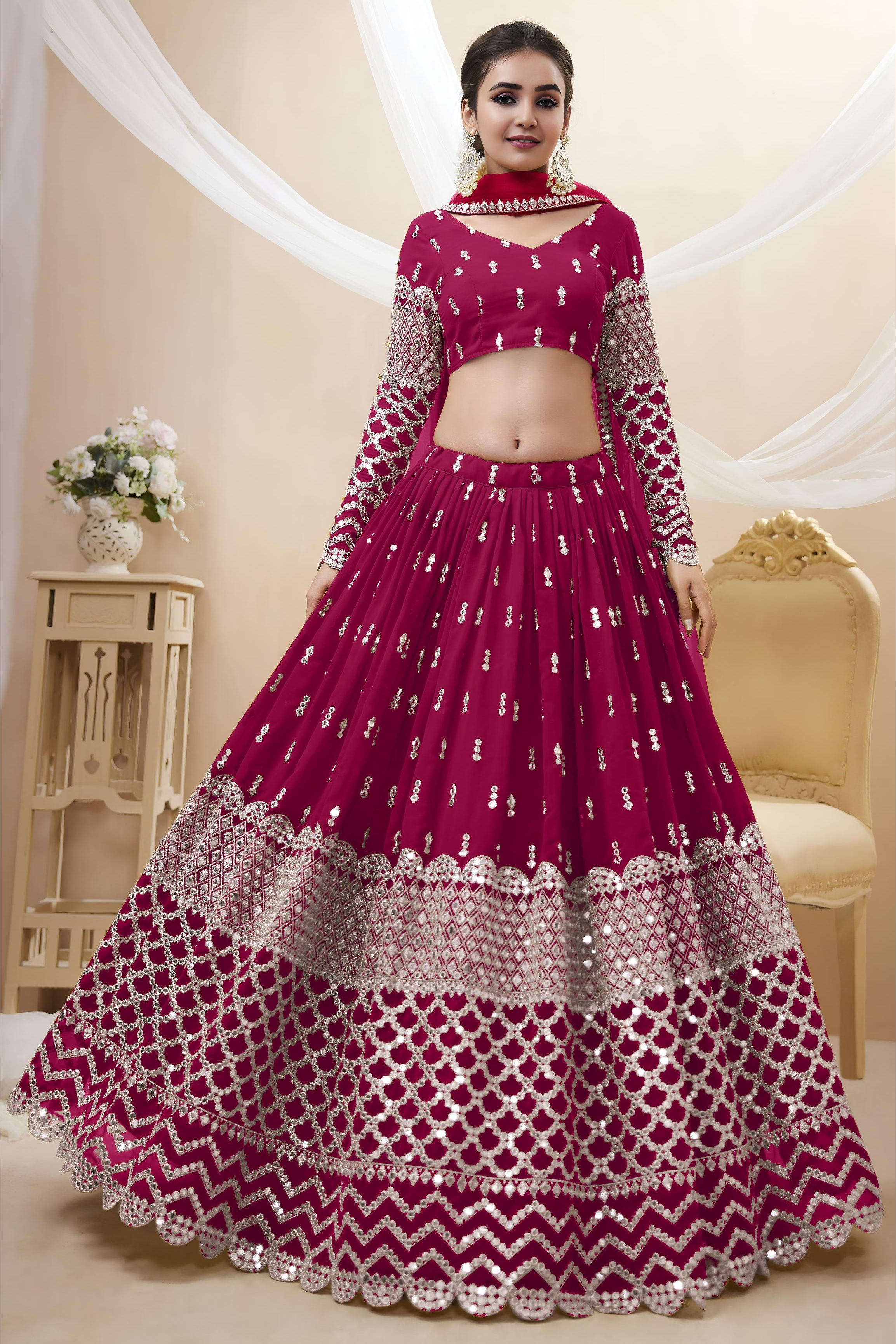 Hot Pink Georgette Lehenga Choli For Indian & Pakistani Wedding Festival - Sequins & Thread Embroidery Work, Zari Work