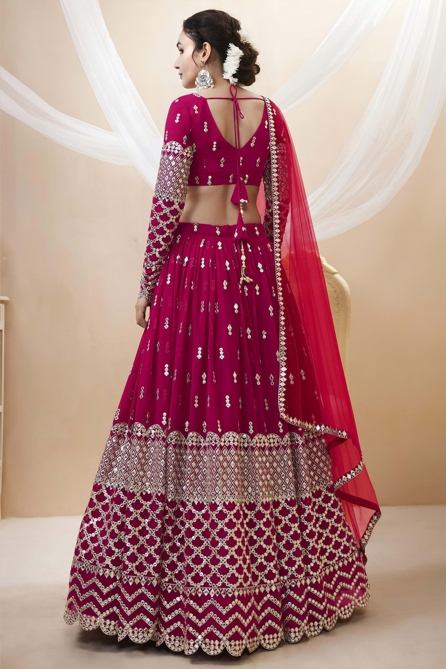 Hot Pink Georgette Lehenga Choli For Indian & Pakistani Wedding Festival - Sequins & Thread Embroidery Work, Zari Work