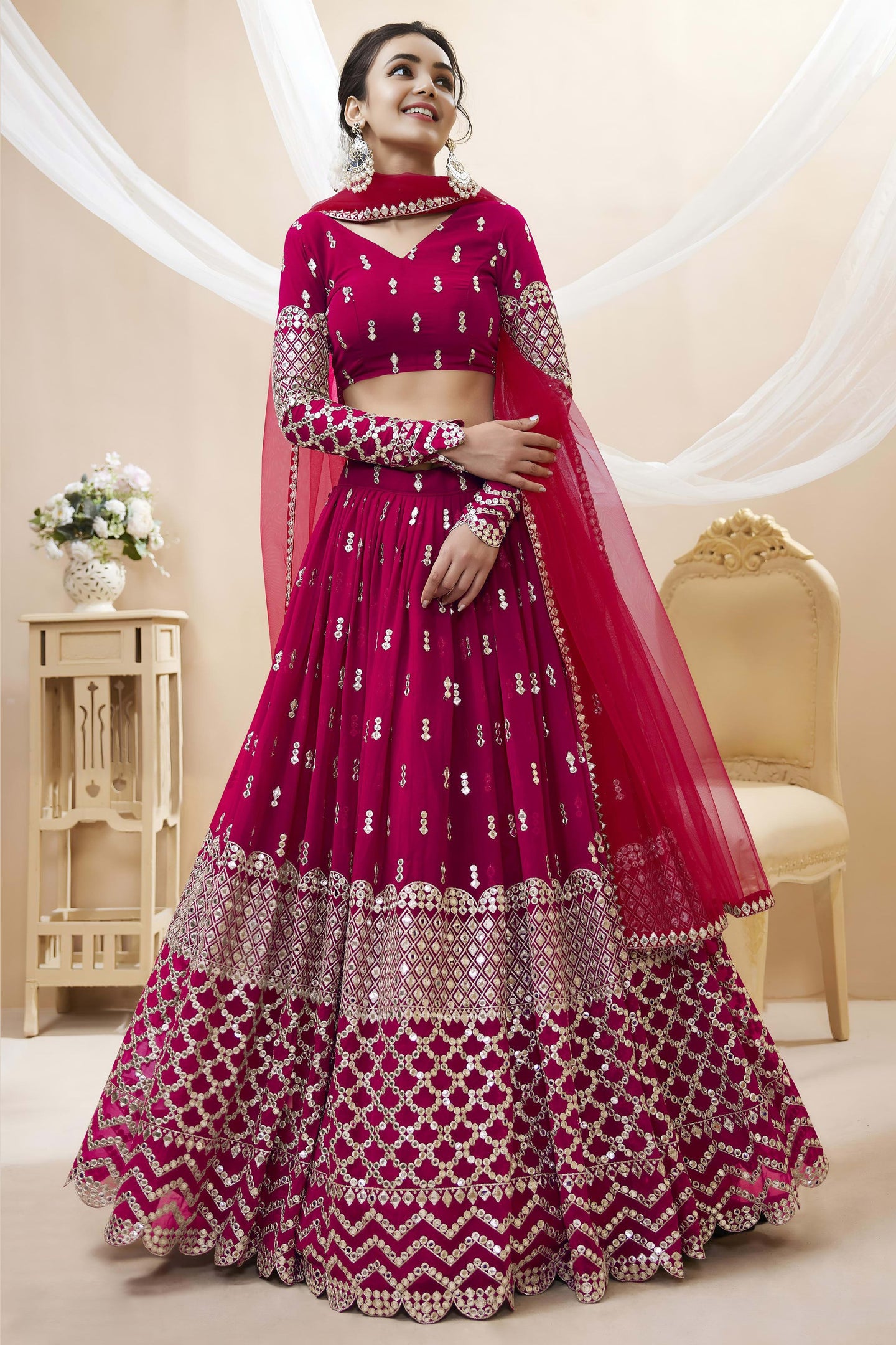 Hot Pink Georgette Lehenga Choli For Indian & Pakistani Wedding Festival - Sequins & Thread Embroidery Work, Zari Work