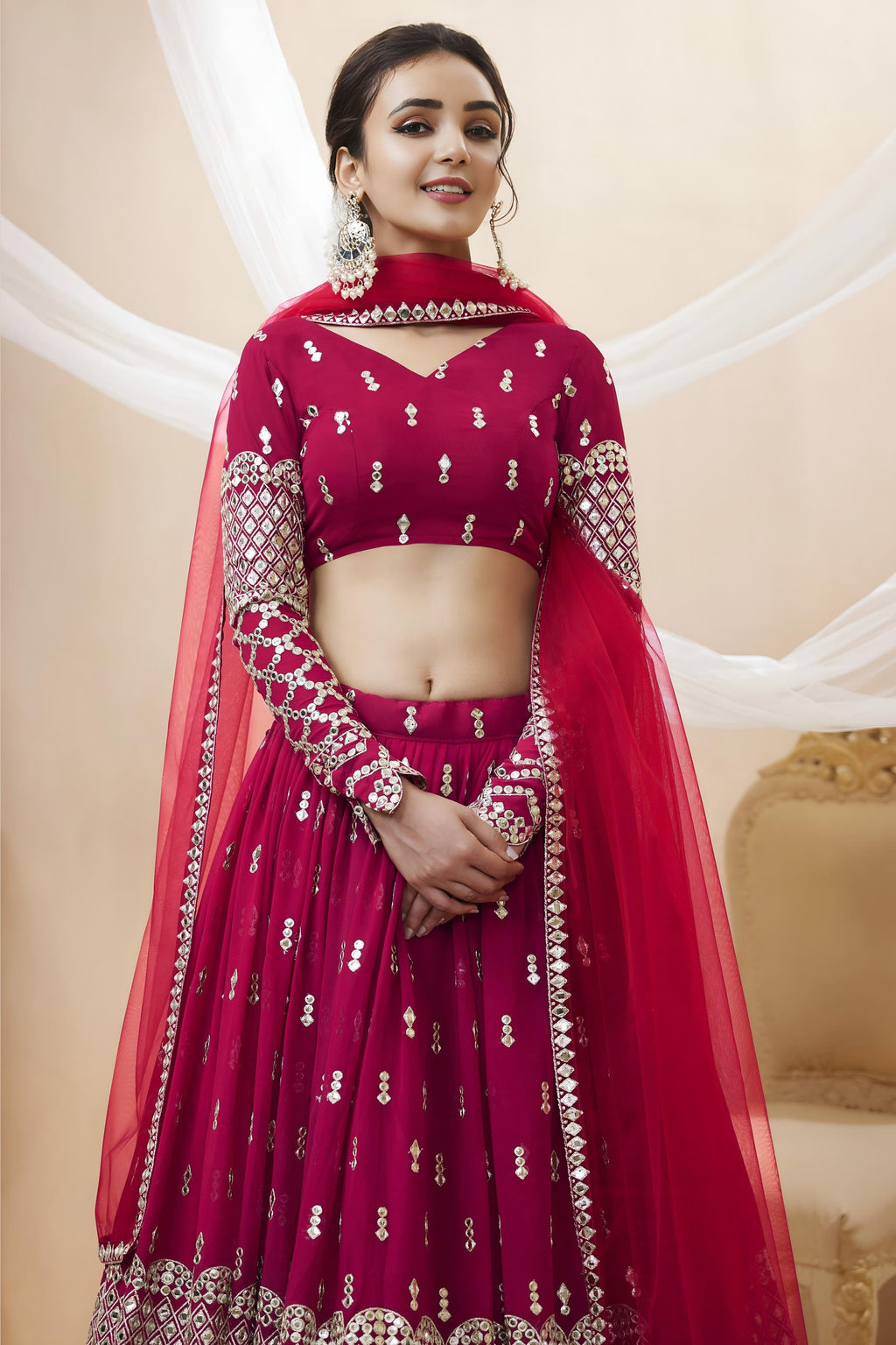 Hot Pink Georgette Lehenga Choli For Indian & Pakistani Wedding Festival - Sequins & Thread Embroidery Work, Zari Work