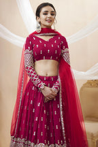 Hot Pink Georgette Lehenga Choli For Indian & Pakistani Wedding Festival - Sequins & Thread Embroidery Work, Zari Work