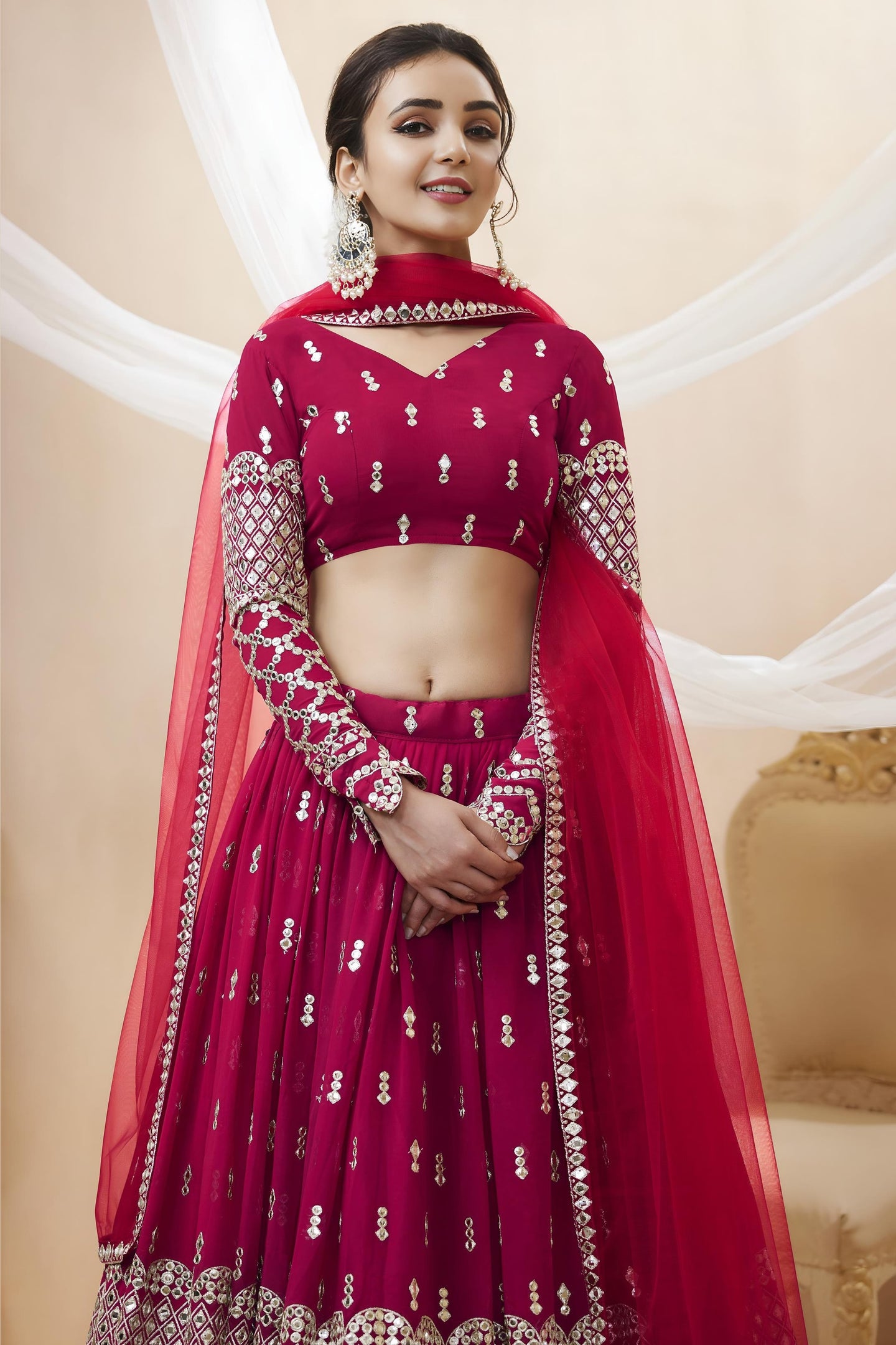 Hot Pink Georgette Lehenga Choli For Indian & Pakistani Wedding Festival - Sequins & Thread Embroidery Work, Zari Work