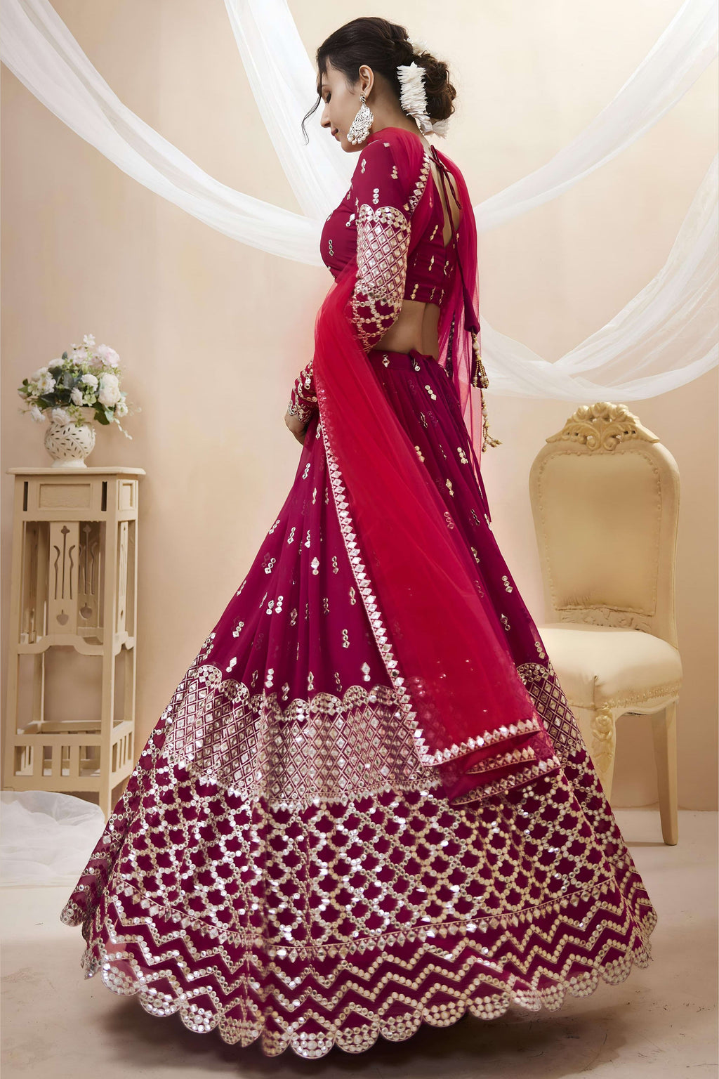Hot Pink Georgette Lehenga Choli For Indian & Pakistani Wedding Festival - Sequins & Thread Embroidery Work, Zari Work