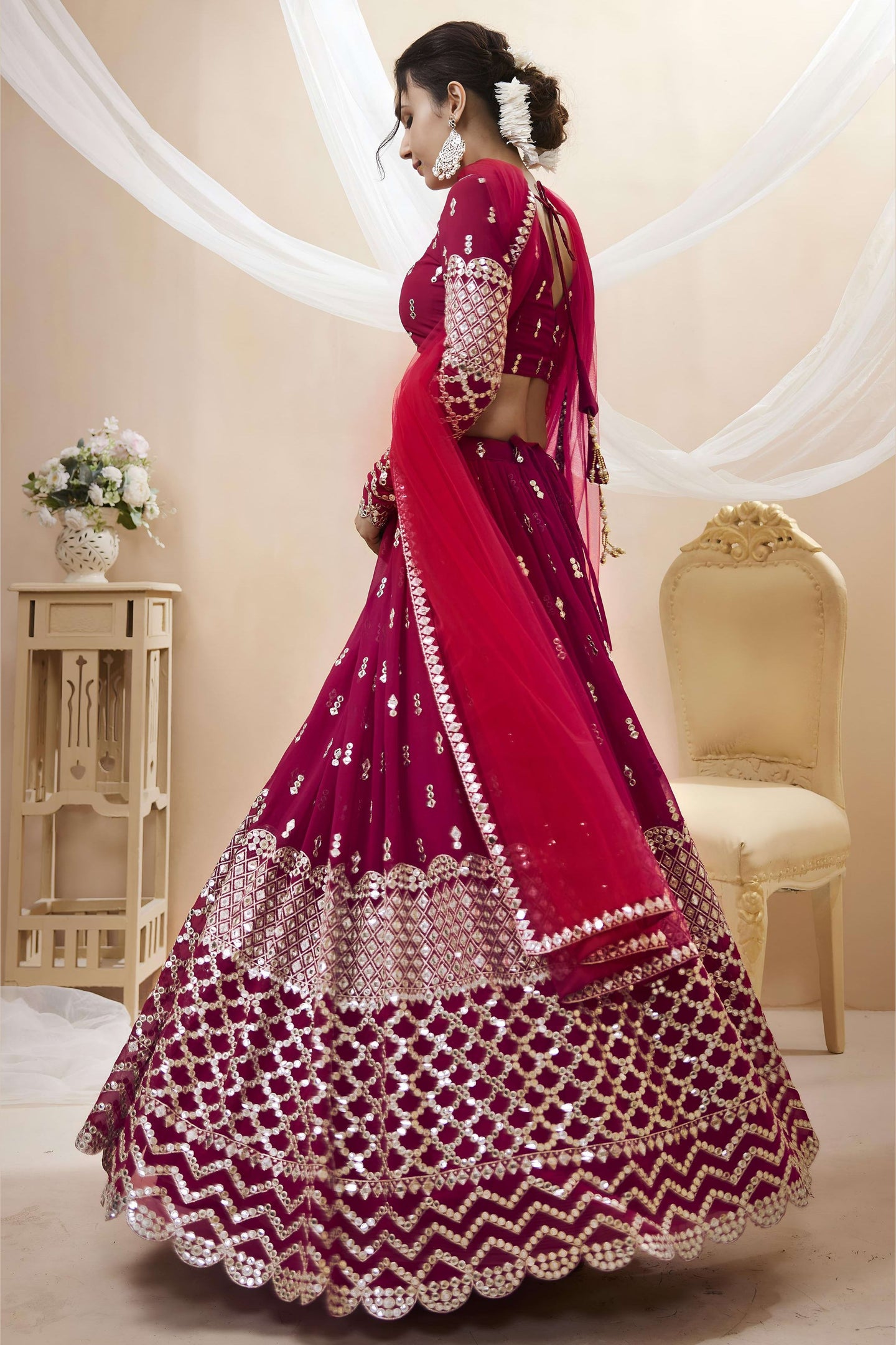 Hot Pink Georgette Lehenga Choli For Indian & Pakistani Wedding Festival - Sequins & Thread Embroidery Work, Zari Work
