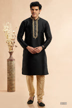 Black Jacquard Art Silk Plain Kurta Pajama for Men for Festival & Wedding - Embroidery Work
