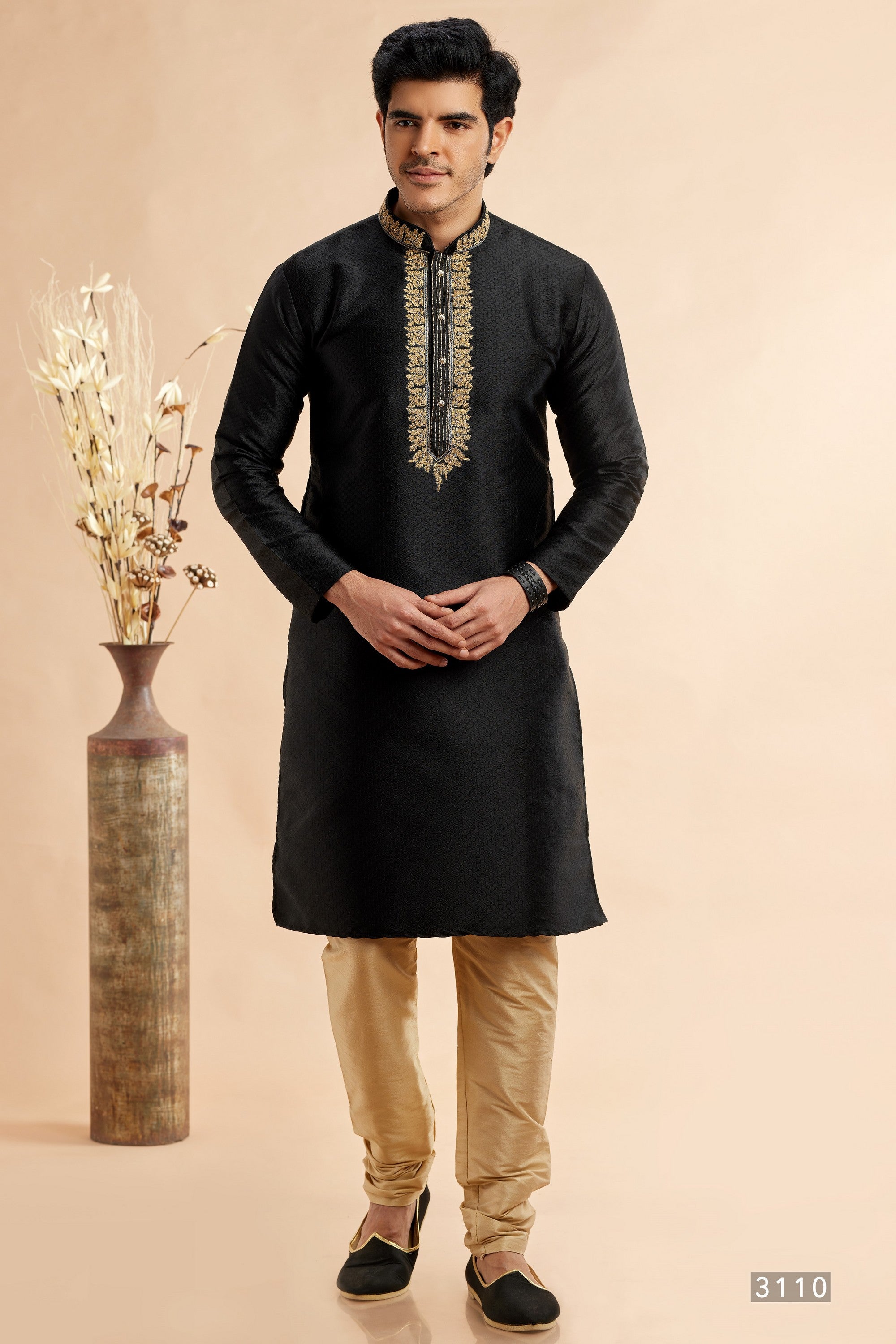 Black Jacquard Art Silk Plain Kurta Pajama for Men for Festival & Wedding - Embroidery Work