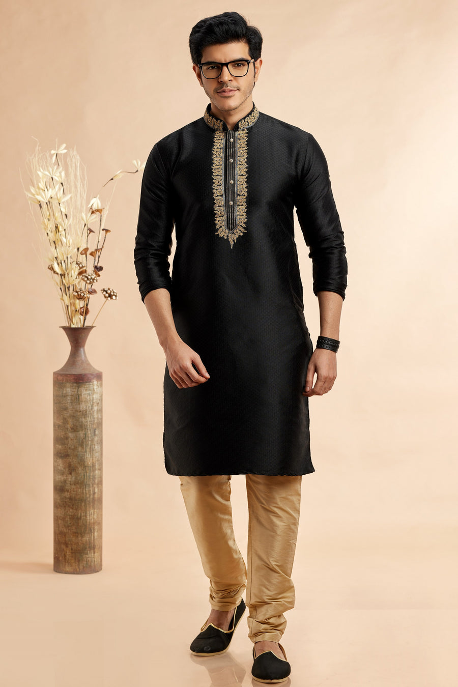 Black Jacquard Art Silk Plain Kurta Pajama for Men for Festival & Wedding - Embroidery Work