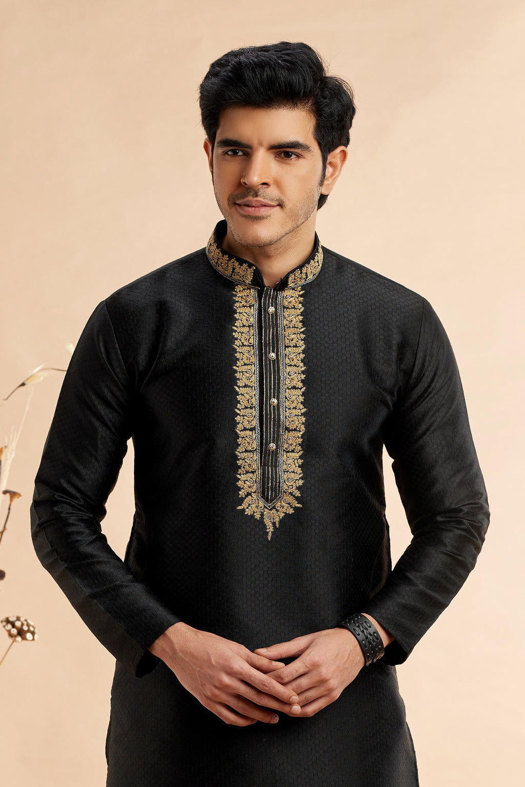 Black Jacquard Art Silk Plain Kurta Pajama for Men for Festival & Wedding - Embroidery Work