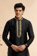 Black Jacquard Art Silk Plain Kurta Pajama for Men for Festival & Wedding - Embroidery Work