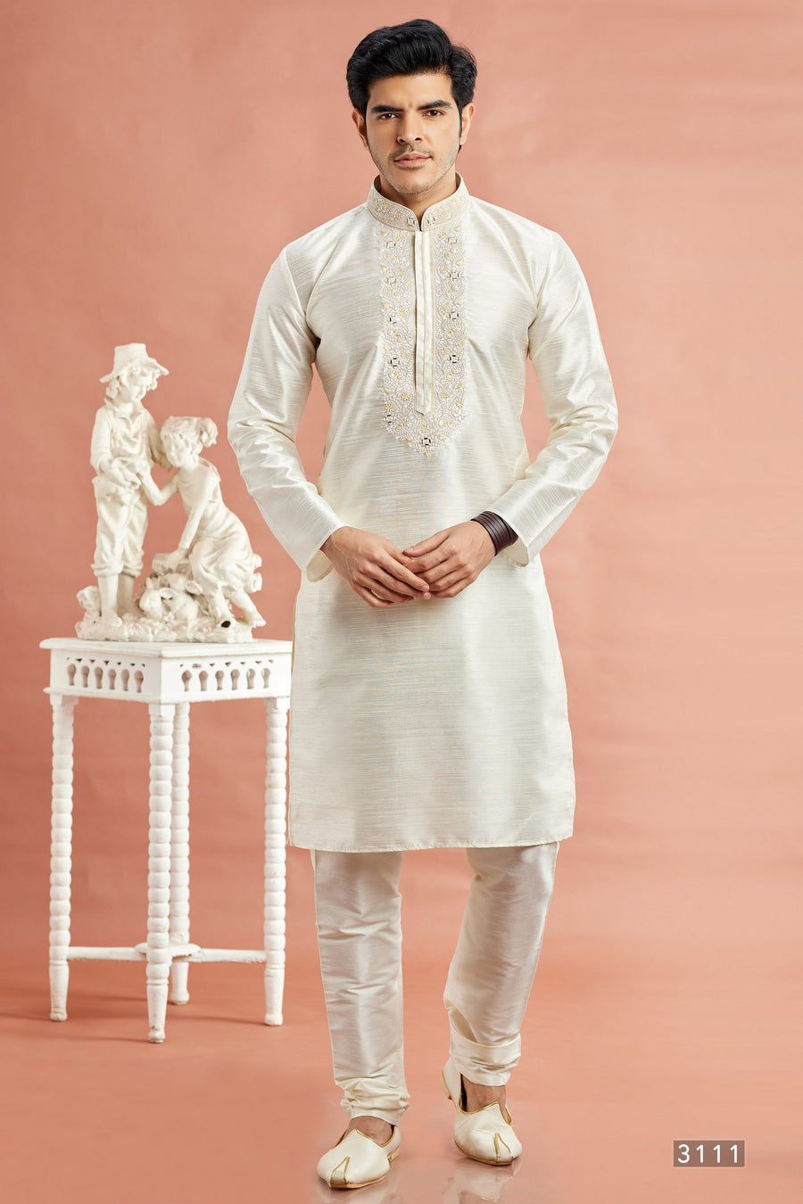 Off White Banarasi Art Silk Plain Kurta Pajama for Men for Festival & Wedding - Embroidery Work