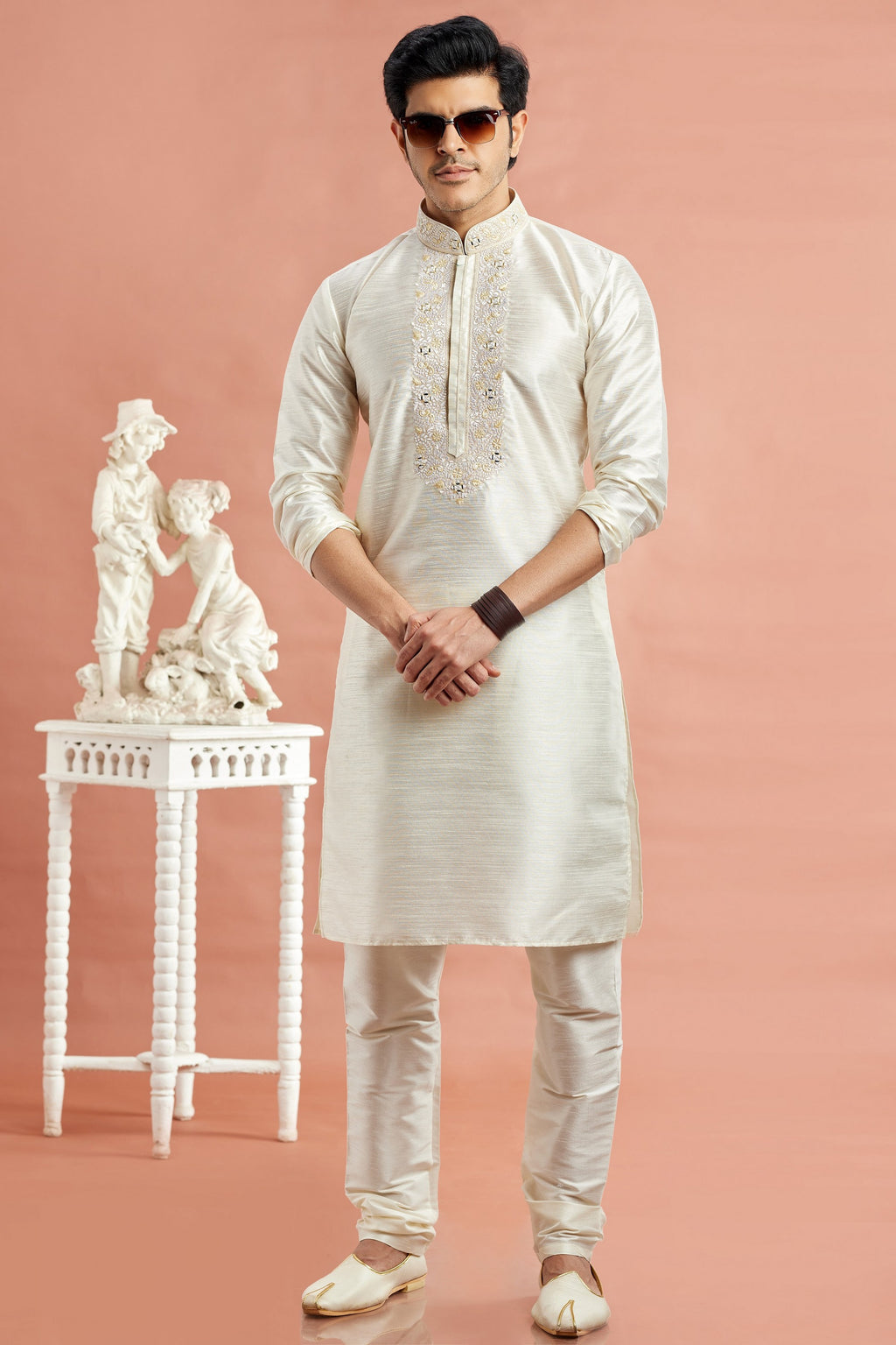 Off White Banarasi Art Silk Plain Kurta Pajama for Men for Festival & Wedding - Embroidery Work
