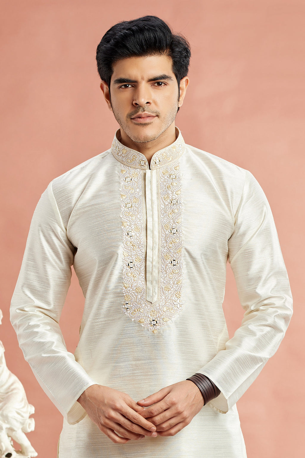Off White Banarasi Art Silk Plain Kurta Pajama for Men for Festival & Wedding - Embroidery Work