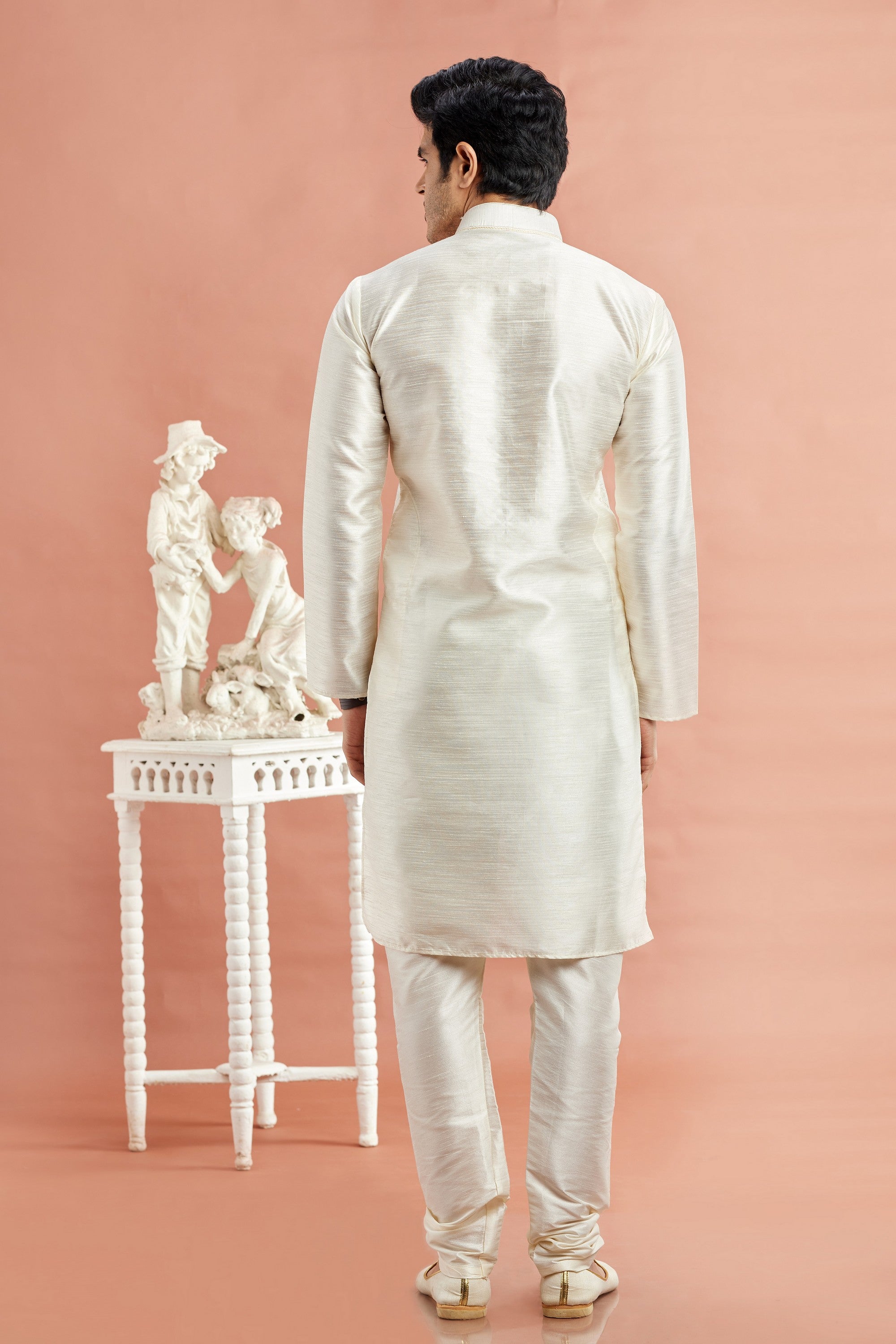 Off White Banarasi Art Silk Plain Kurta Pajama for Men for Festival & Wedding - Embroidery Work