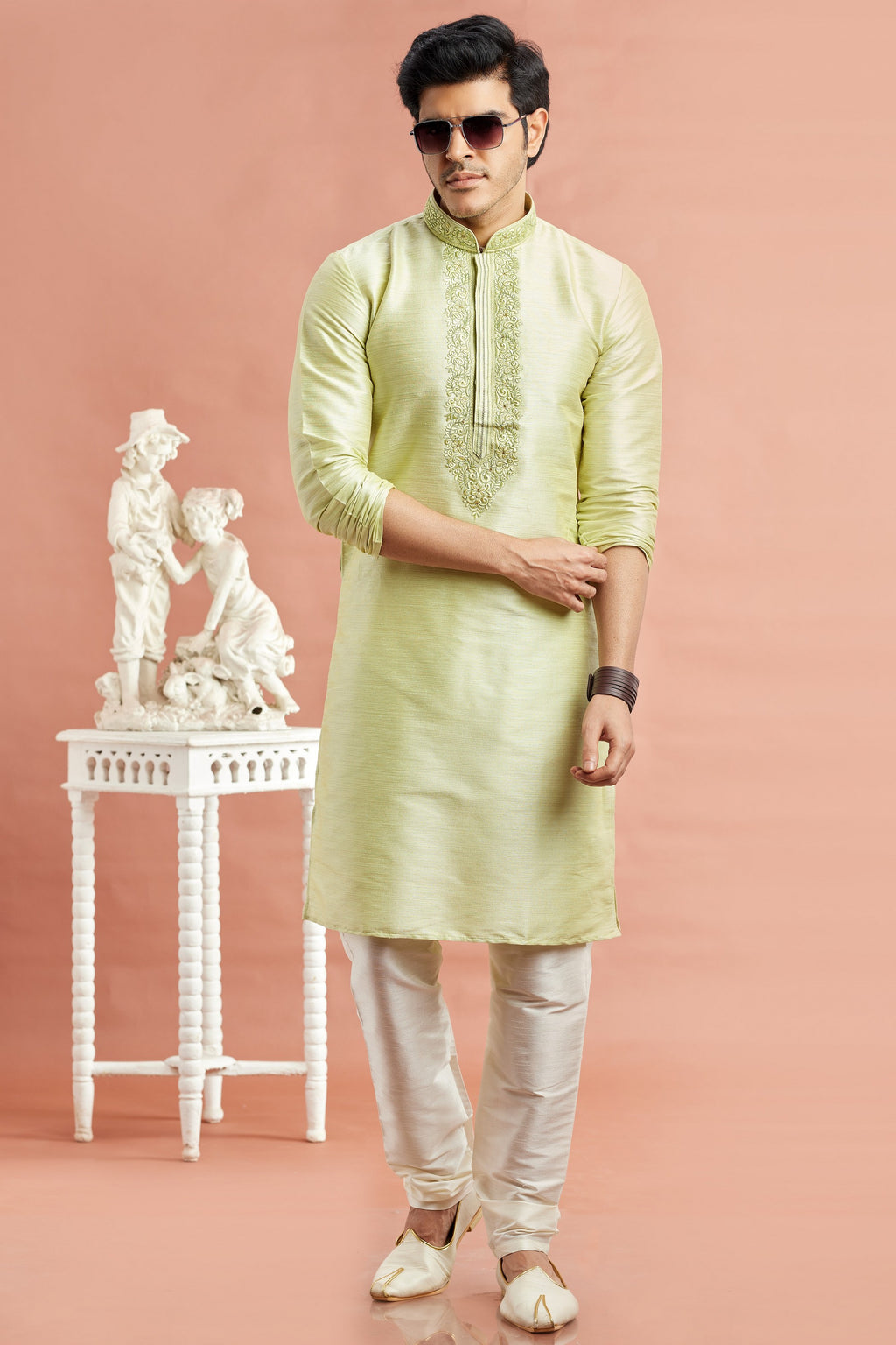 Pista Green Banarasi Art Silk Plain Kurta Pajama for Men for Festival & Wedding - Embroidery Work