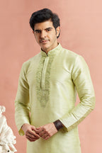 Pista Green Banarasi Art Silk Plain Kurta Pajama for Men for Festival & Wedding - Embroidery Work