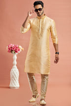 Golden Banarasi Art Silk Plain Kurta Pajama for Men for Festival & Wedding - Embroidery Work