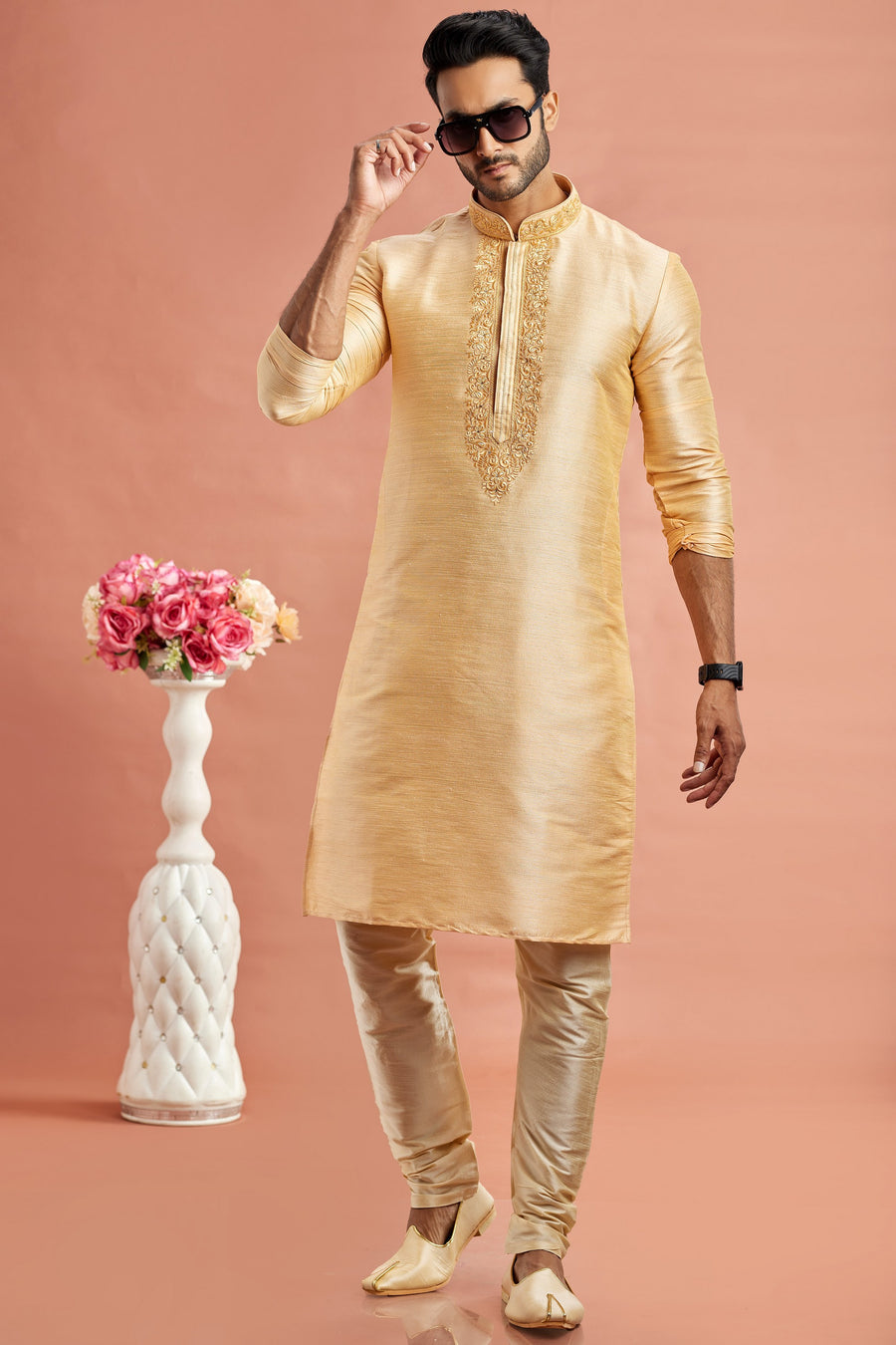Golden Banarasi Art Silk Plain Kurta Pajama for Men for Festival & Wedding - Embroidery Work