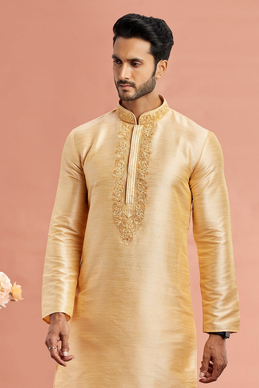 Golden Banarasi Art Silk Plain Kurta Pajama for Men for Festival & Wedding - Embroidery Work