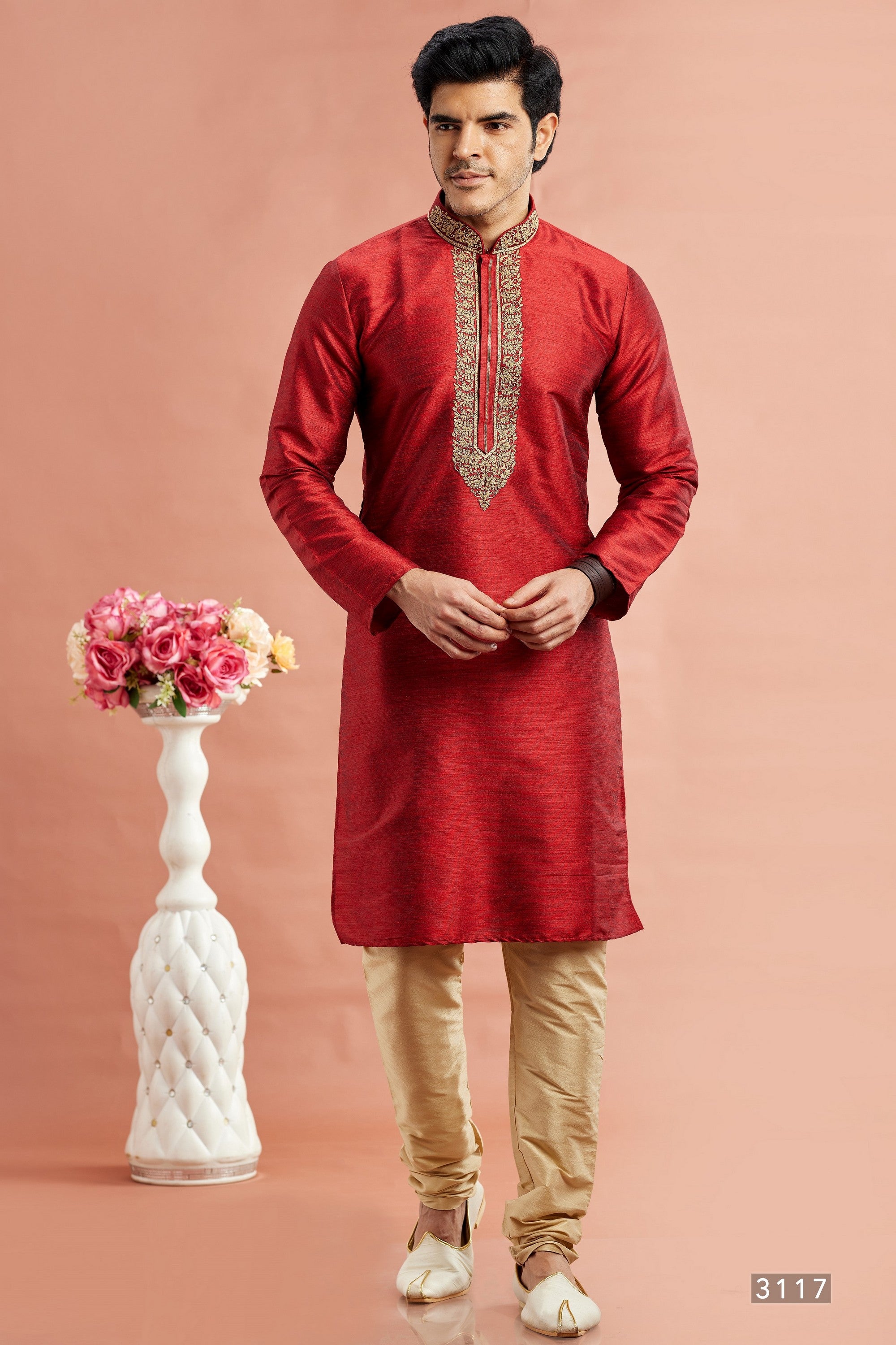 Red Banarasi Art Silk Plain Kurta Pajama for Men for Festival & Wedding - Embroidery Work