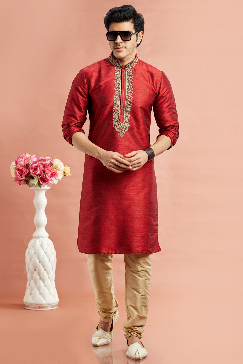 Red Banarasi Art Silk Plain Kurta Pajama for Men for Festival & Wedding - Embroidery Work