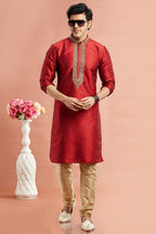 Red Banarasi Art Silk Plain Kurta Pajama for Men for Festival & Wedding - Embroidery Work