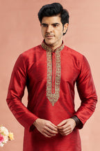 Red Banarasi Art Silk Plain Kurta Pajama for Men for Festival & Wedding - Embroidery Work