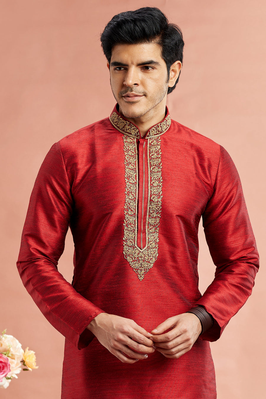 Red Banarasi Art Silk Plain Kurta Pajama for Men for Festival & Wedding - Embroidery Work