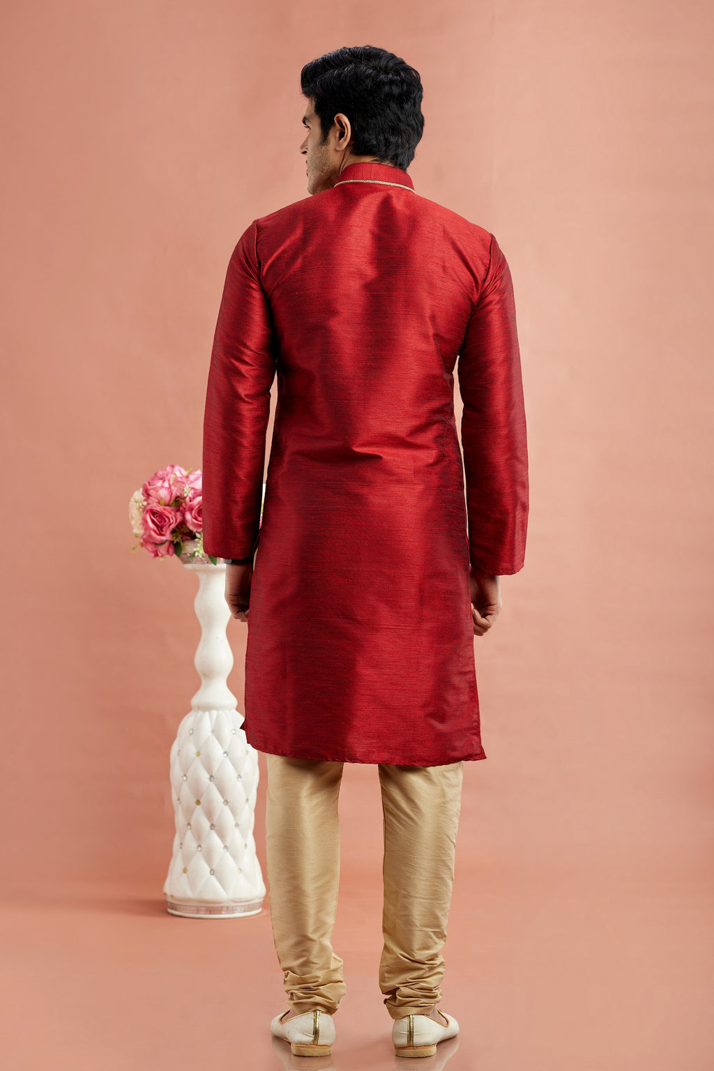Red Banarasi Art Silk Plain Kurta Pajama for Men for Festival & Wedding - Embroidery Work