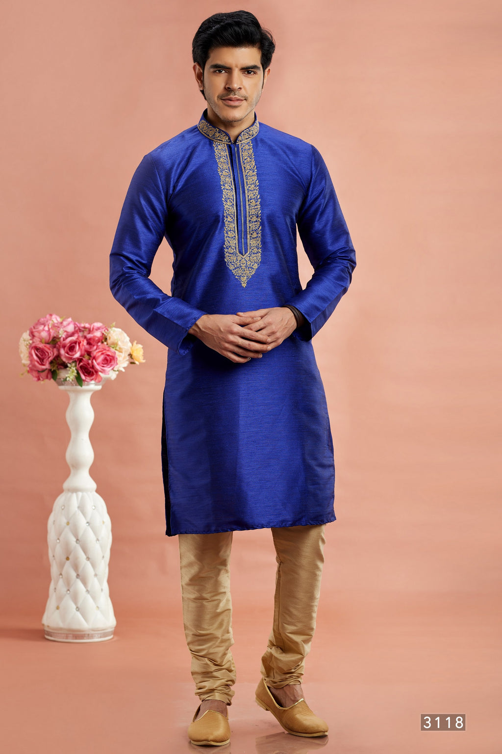 Blue Banarasi Art Silk Plain Kurta Pajama for Men for Festival & Wedding - Embroidery Work
