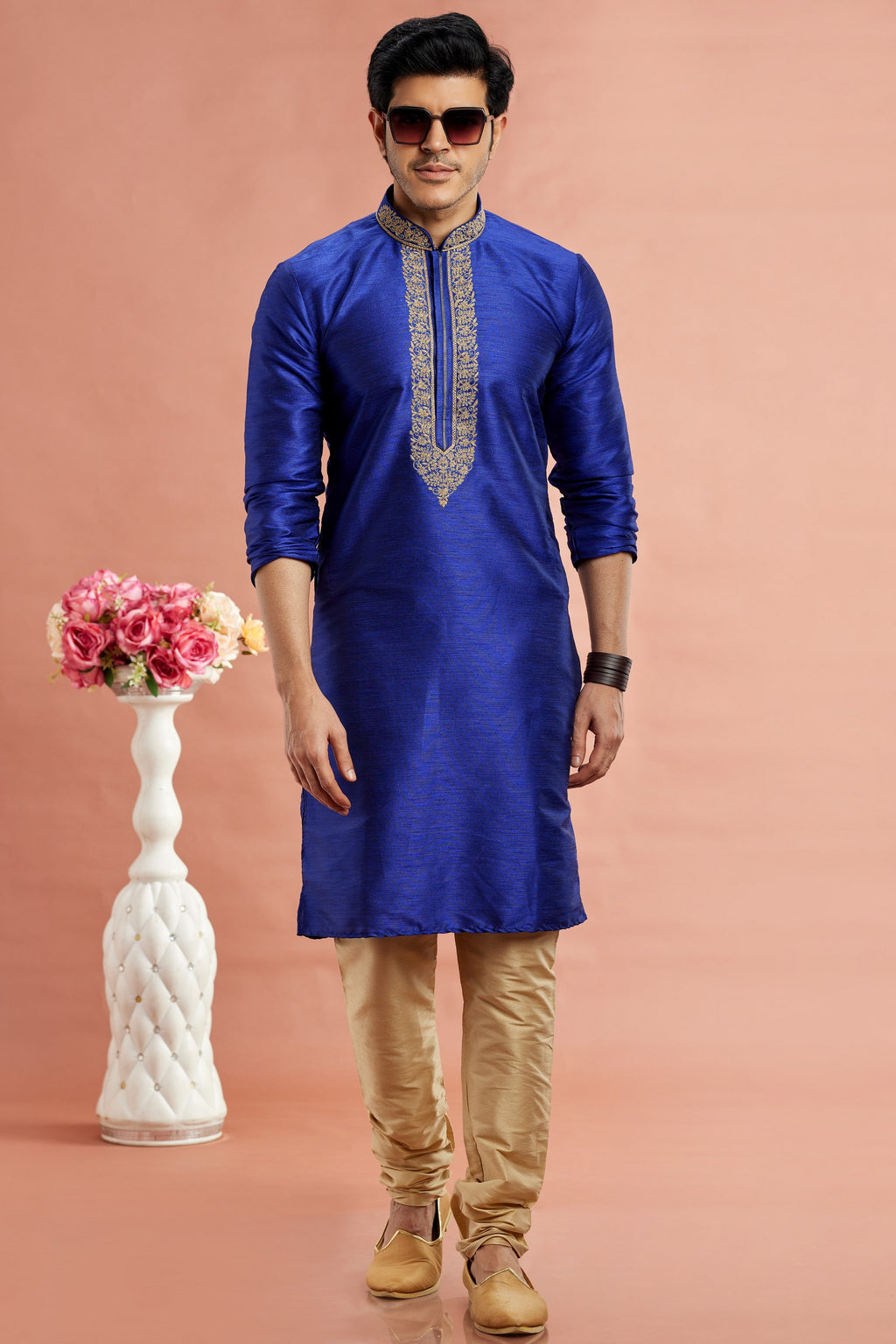 Blue Banarasi Art Silk Plain Kurta Pajama for Men for Festival & Wedding - Embroidery Work