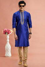 Blue Banarasi Art Silk Plain Kurta Pajama for Men for Festival & Wedding - Embroidery Work