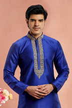 Blue Banarasi Art Silk Plain Kurta Pajama for Men for Festival & Wedding - Embroidery Work