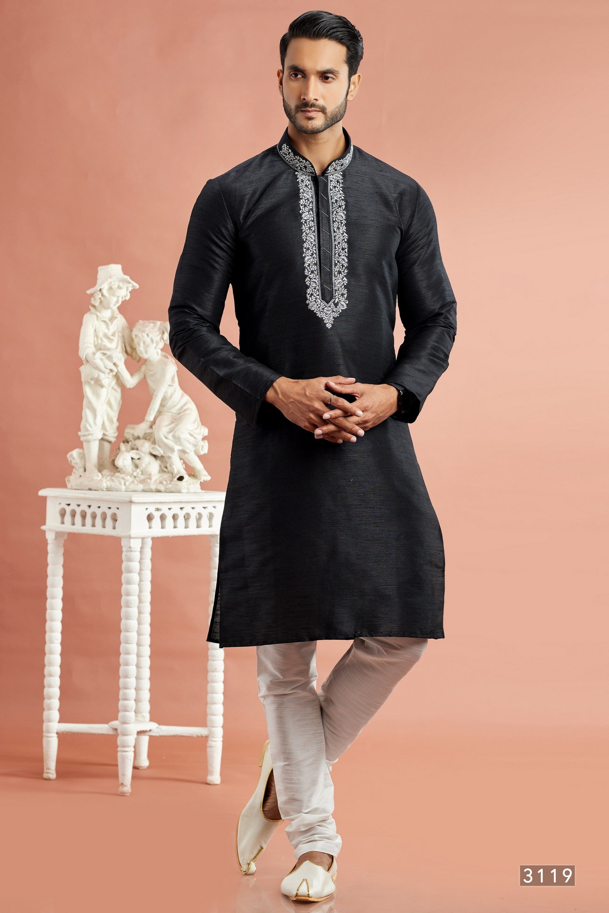 Black Banarasi Art Silk Plain Kurta Pajama for Men for Festival & Wedding - Embroidery Work