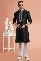 Black Banarasi Art Silk Plain Kurta Pajama for Men for Festival & Wedding - Embroidery Work
