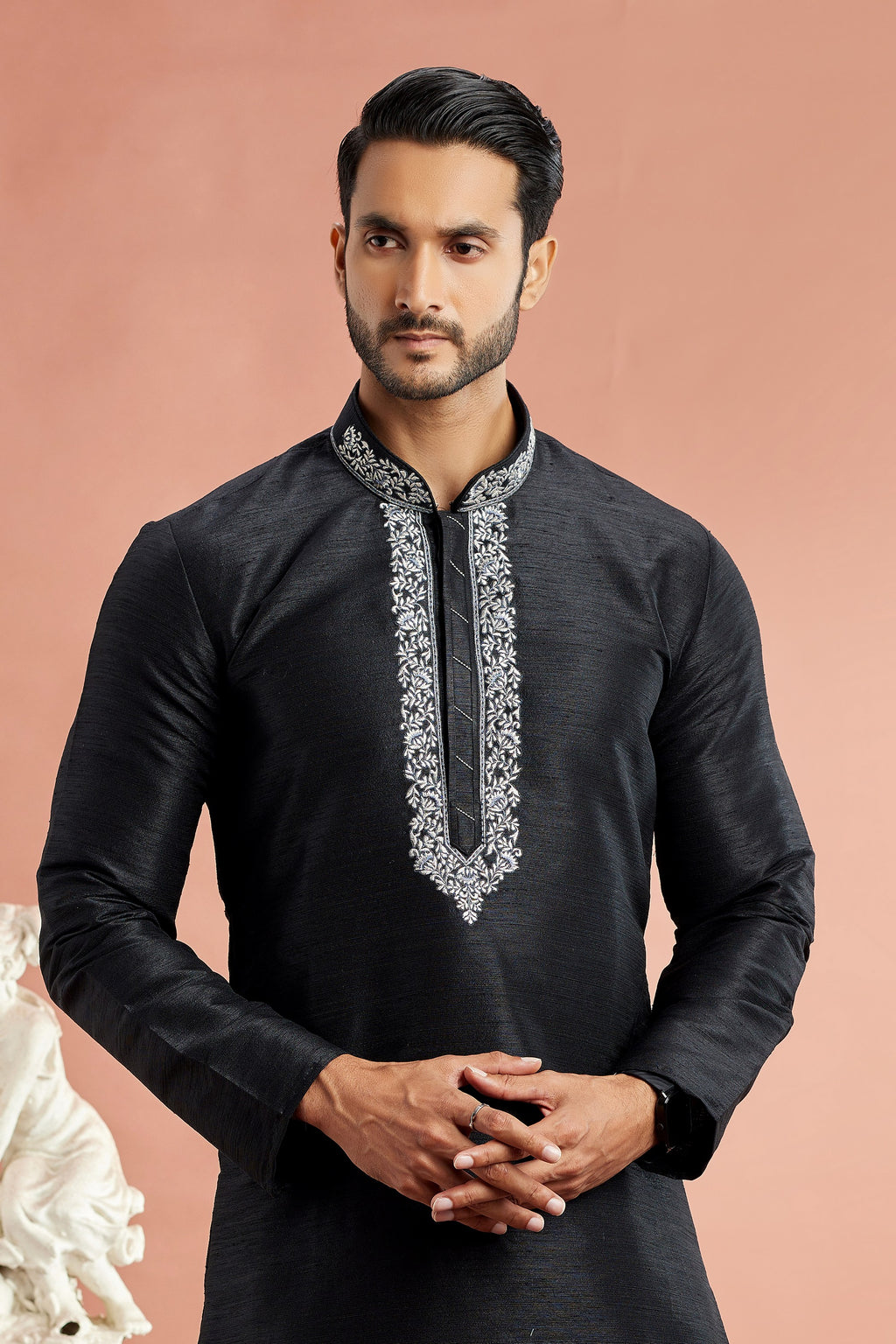 Black Banarasi Art Silk Plain Kurta Pajama for Men for Festival & Wedding - Embroidery Work