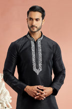 Black Banarasi Art Silk Plain Kurta Pajama for Men for Festival & Wedding - Embroidery Work
