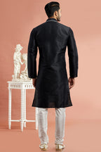 Black Banarasi Art Silk Plain Kurta Pajama for Men for Festival & Wedding - Embroidery Work