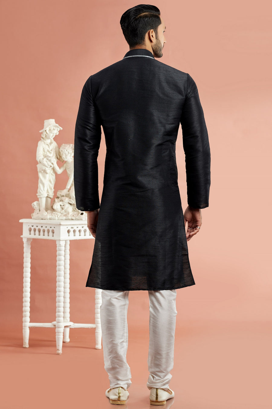 Black Banarasi Art Silk Plain Kurta Pajama for Men for Festival & Wedding - Embroidery Work